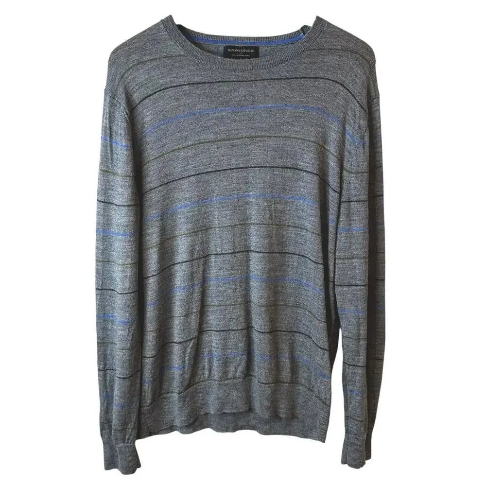 Banana Republic Mens 100% Merino Wool Striped Sweater Gray L Office Academia